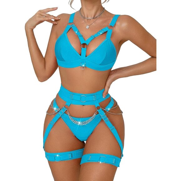 Women's Sky Blue Sexy Chain Strappy Garter Belt Lingerie Set Rave Outfits - Picture 1 of 4
